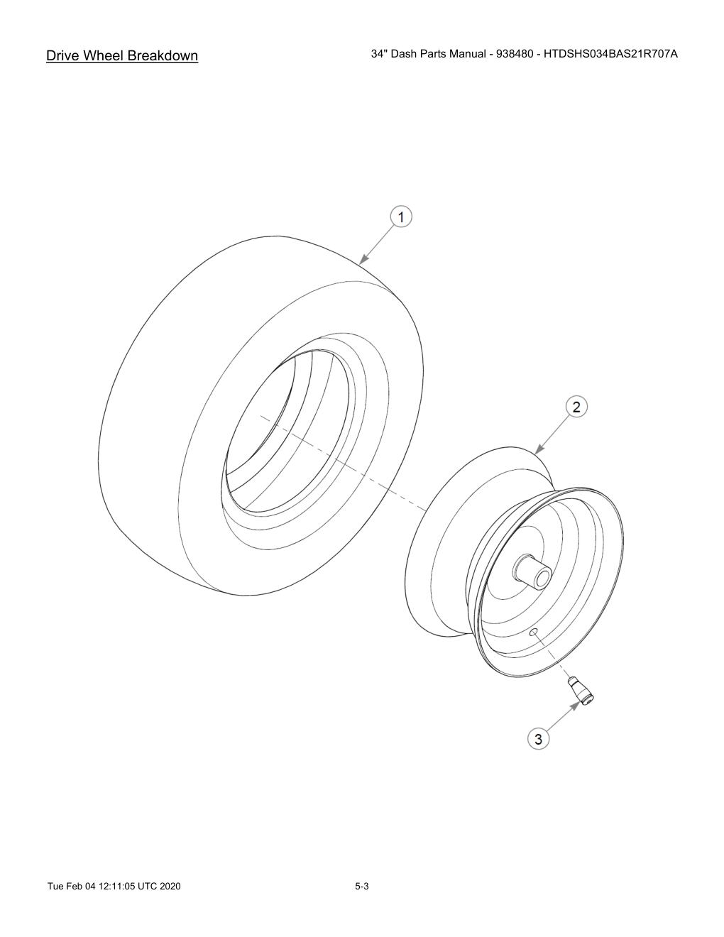 34" Dash Parts Manual - 938480 - HTDSHS034BAS21R707A - 604214 - Drive Wheel Breakdown diagram