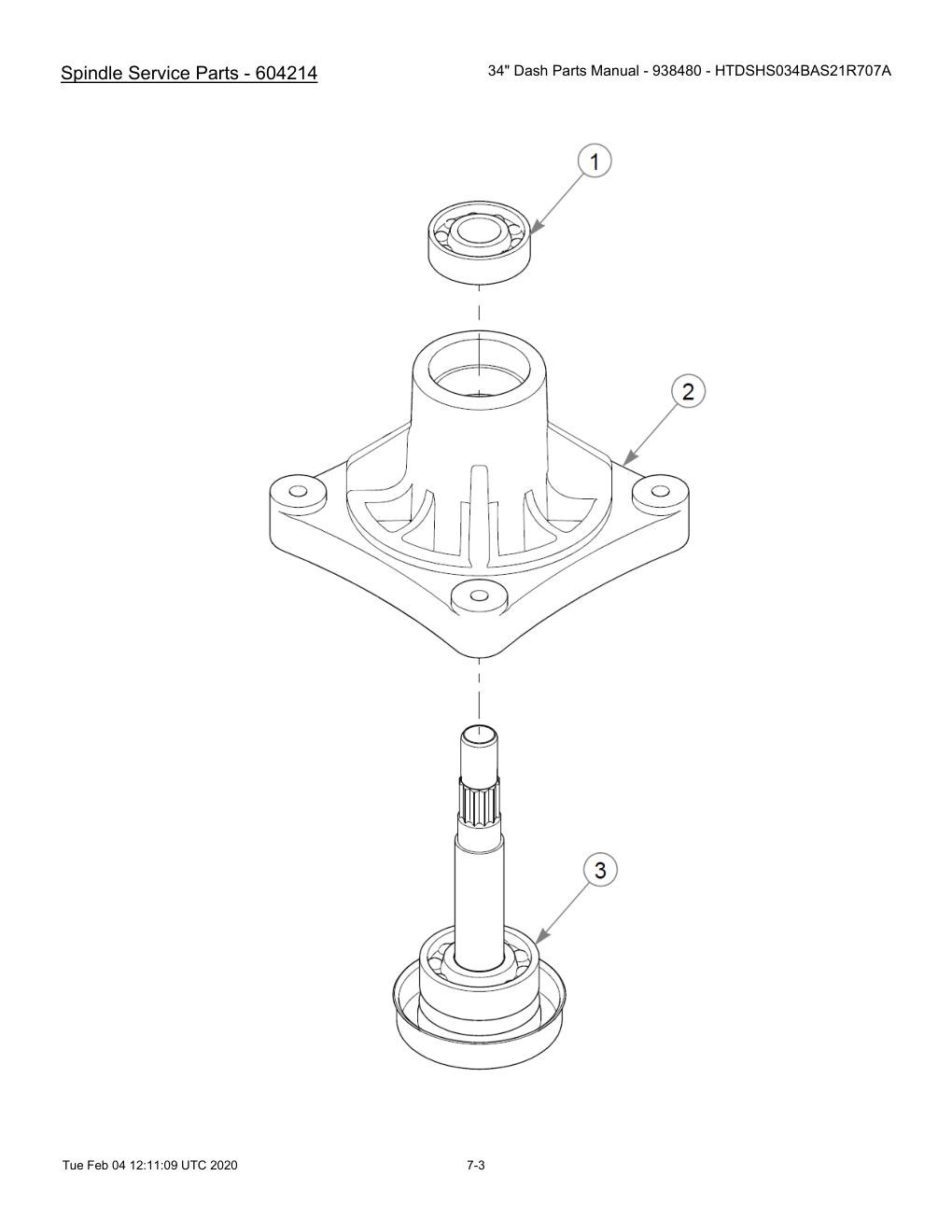 34" Dash Parts Manual - 938480 - HTDSHS034BAS21R707A - 604214 - Spindle Service Parts - 604214 diagram
