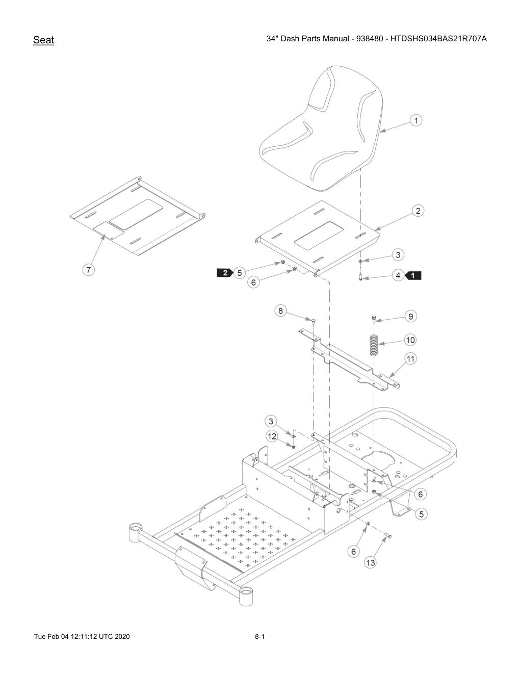 34" Dash Parts Manual - 938480 - HTDSHS034BAS21R707A - 604214 - Seat diagram