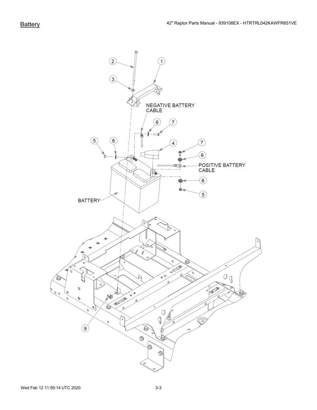 42" Raptor Parts Manual - 939108EX - HTRTRL042KAWFR651VE - 604214 - Battery diagram