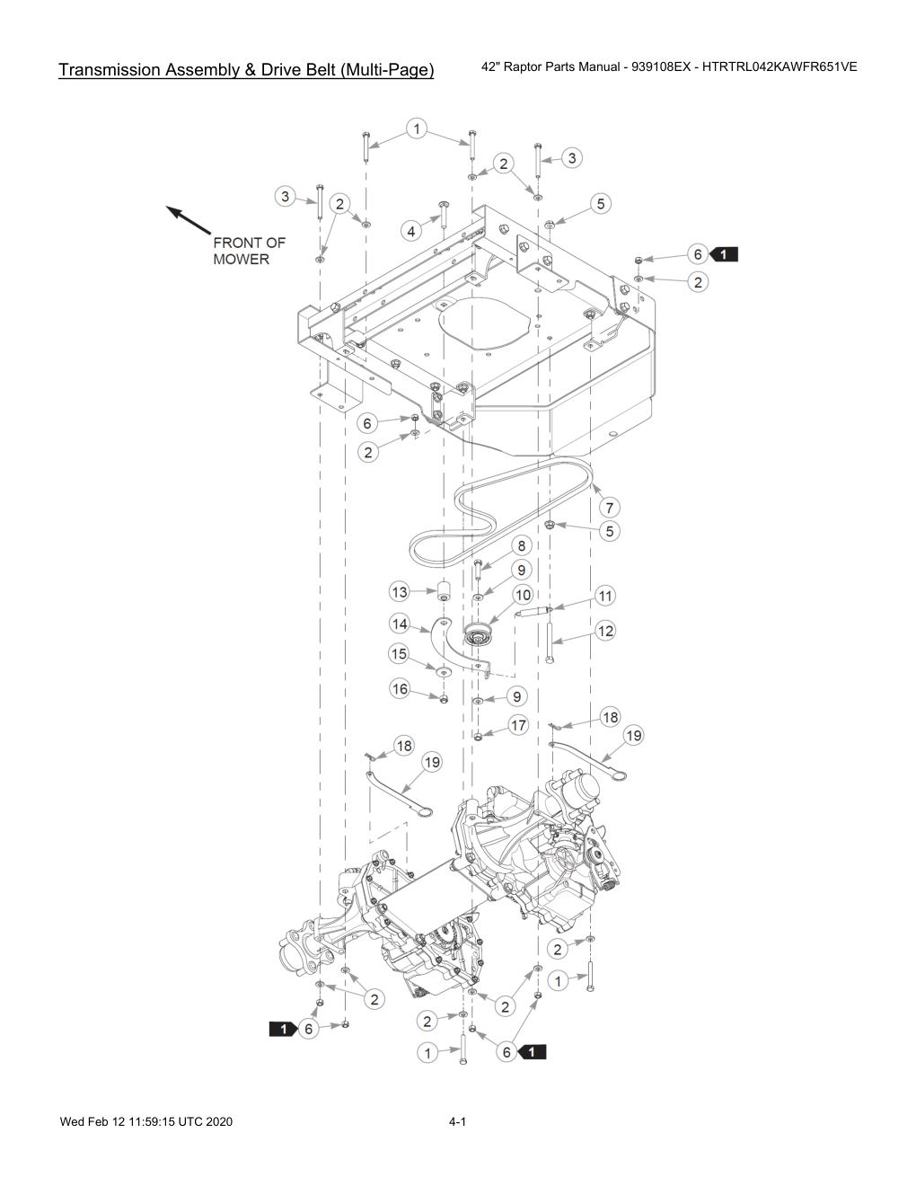42" Raptor Parts Manual - 939108EX - HTRTRL042KAWFR651VE - 604214 - Transmission Assembly & Drive Belt (Multi-Page) diagram
