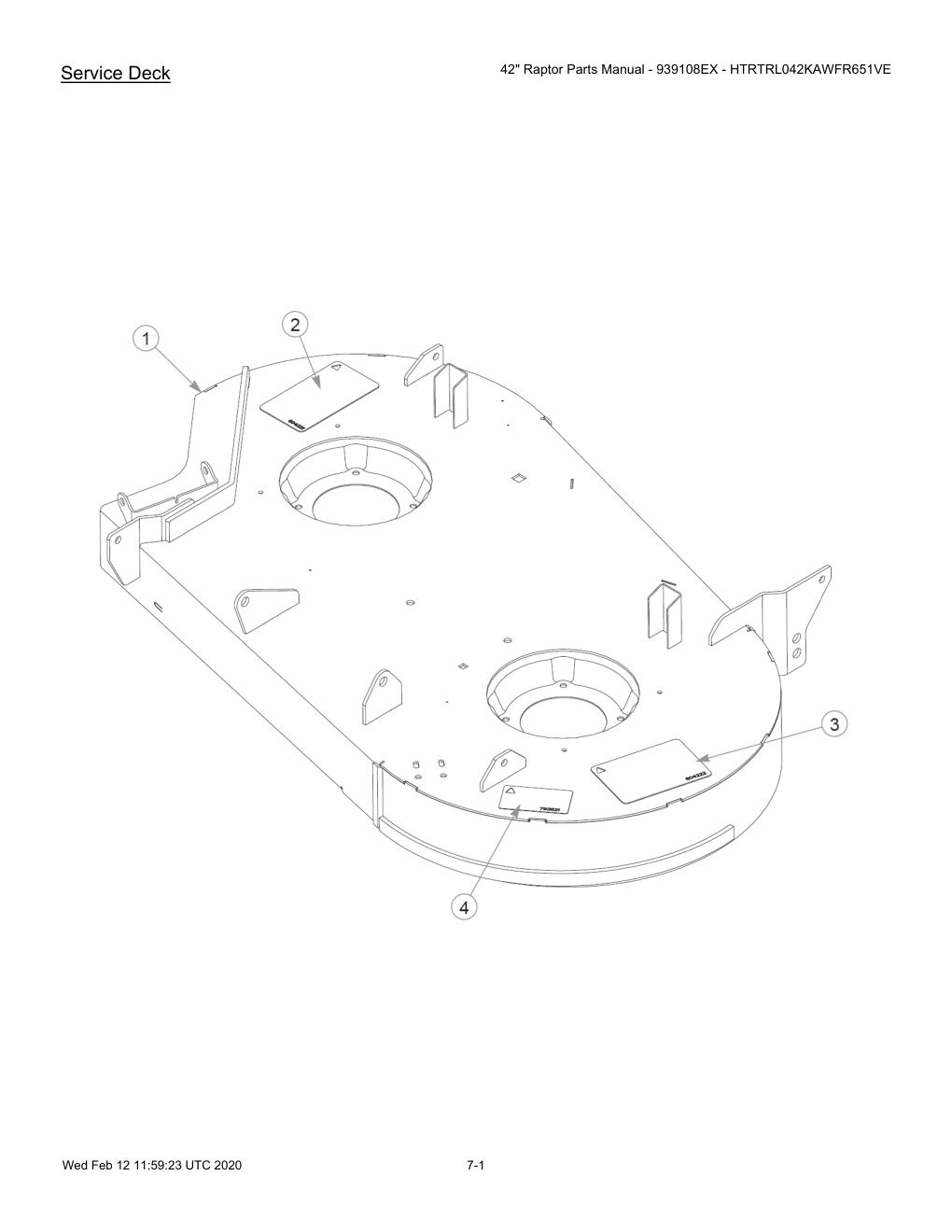 42" Raptor Parts Manual - 939108EX - HTRTRL042KAWFR651VE - 604214 - Service Deck diagram