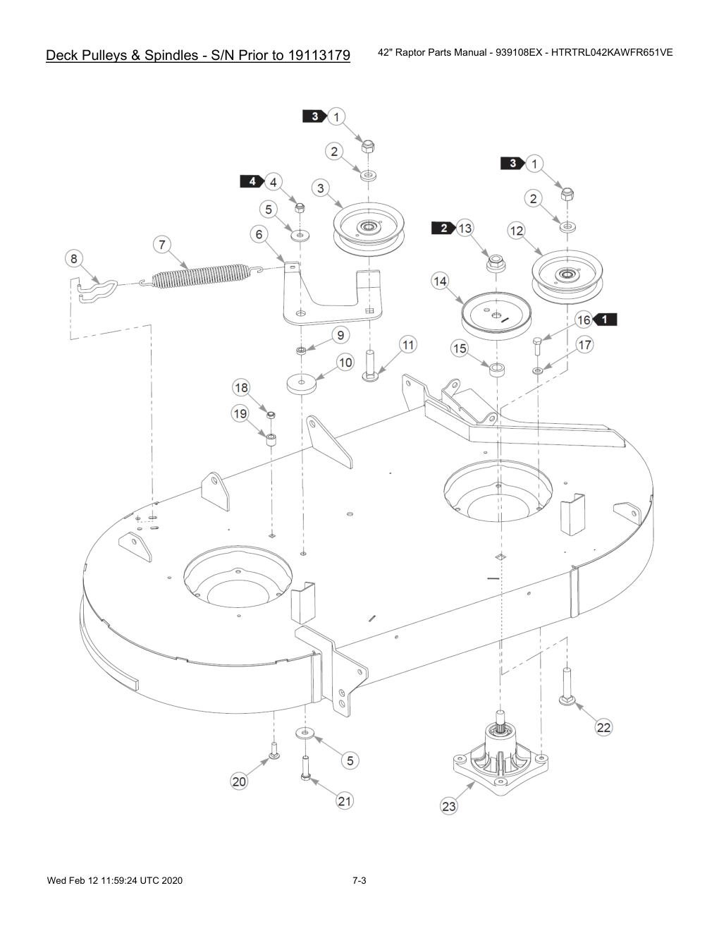 42" Raptor Parts Manual - 939108EX - HTRTRL042KAWFR651VE - 604214 - Deck Pulleys & Spindles - S/N Prior to 19113179 diagram