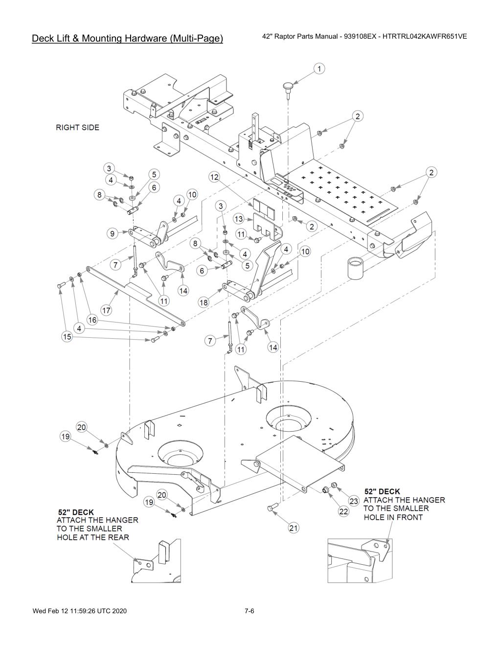 42" Raptor Parts Manual - 939108EX - HTRTRL042KAWFR651VE - 604214 - Deck Lift & Mounting Hardware (Multi-Page) diagram