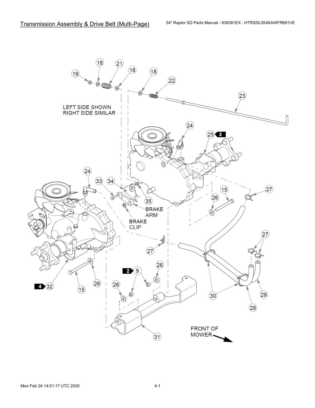 54" Raptor SD Parts Manual - 938381EX - HTRSDL054KAWFR691VE - 604708 - Transmission Assembly & Drive Belt (Multi-Page) diagram
