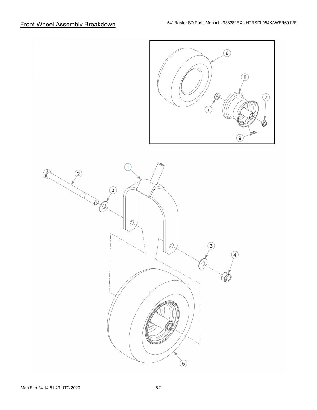 54" Raptor SD Parts Manual - 938381EX - HTRSDL054KAWFR691VE - 604708 - Front Wheel Assembly Breakdown diagram