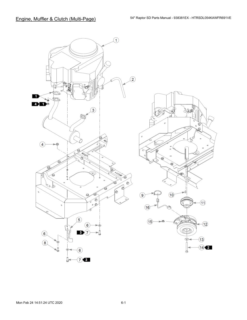 54" Raptor SD Parts Manual - 938381EX - HTRSDL054KAWFR691VE - 604708 - Engine, Muffler & Clutch (Multi-Page) diagram