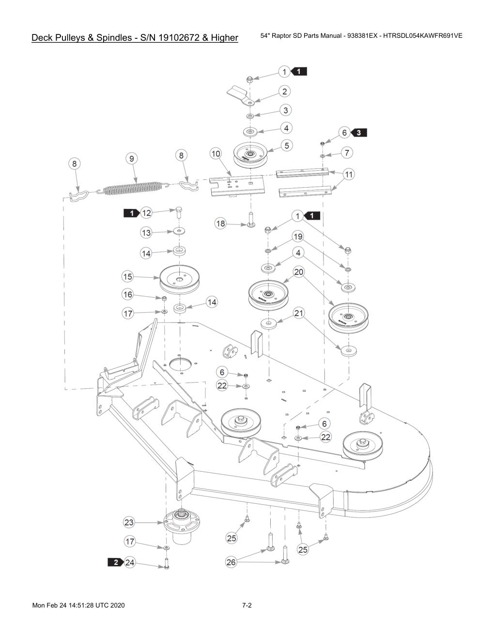 54" Raptor SD Parts Manual - 938381EX - HTRSDL054KAWFR691VE - 604708 - Deck Pulleys & Spindles - S/N 19102672 & Higher diagram