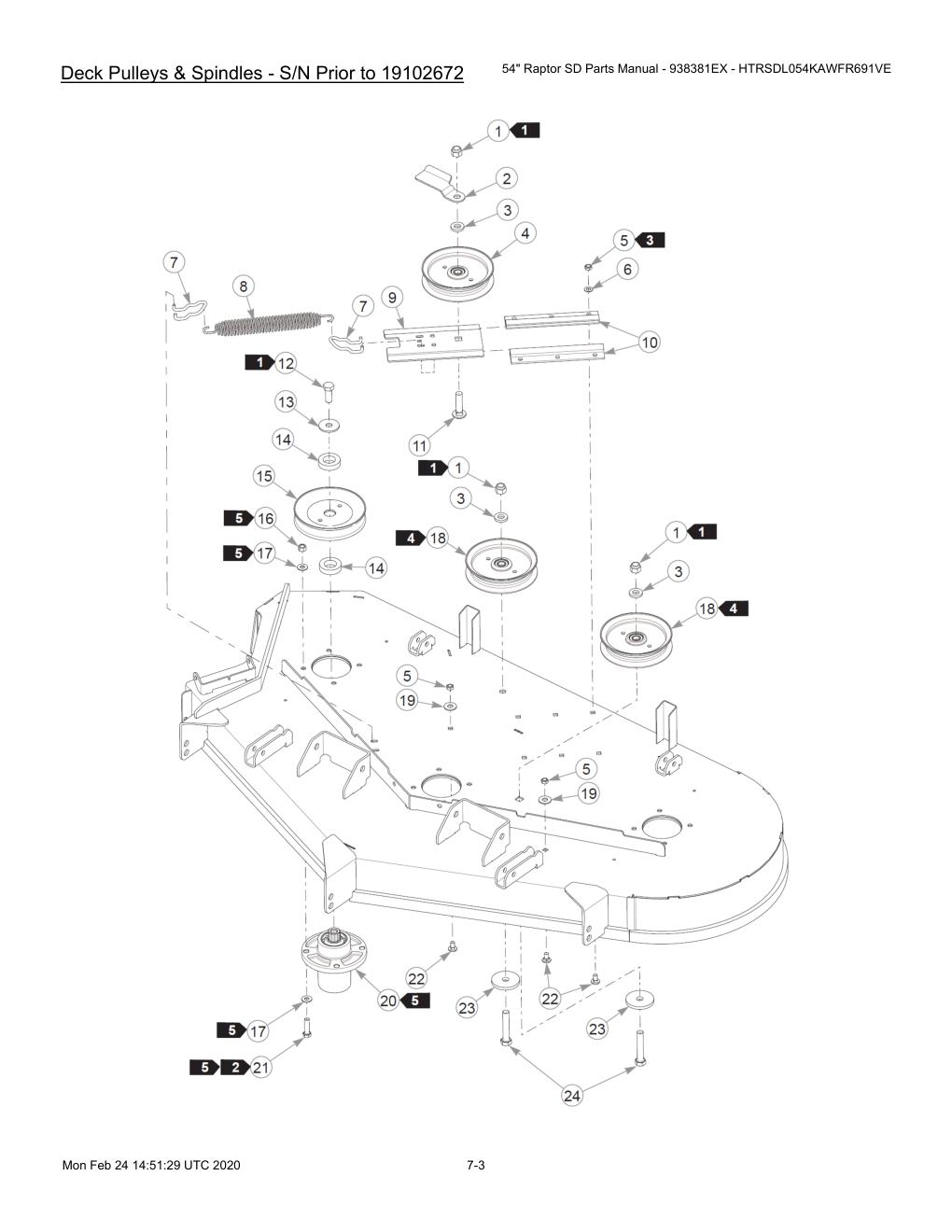 54" Raptor SD Parts Manual - 938381EX - HTRSDL054KAWFR691VE - 604708 - Deck Pulleys & Spindles - S/N Prior to 19102672 diagram
