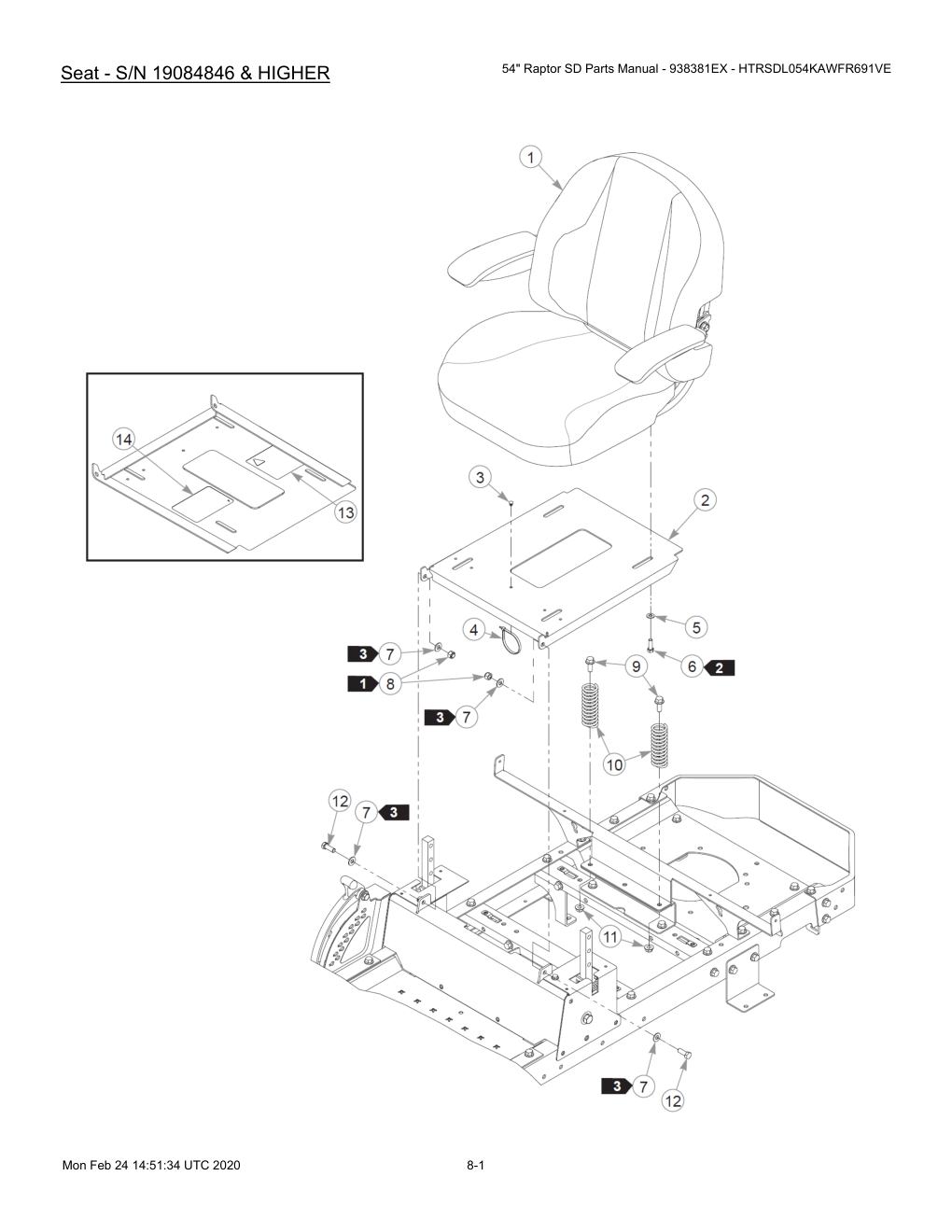 54" Raptor SD Parts Manual - 938381EX - HTRSDL054KAWFR691VE - 604708 - Seat - S/N 19084846 & HIGHER diagram