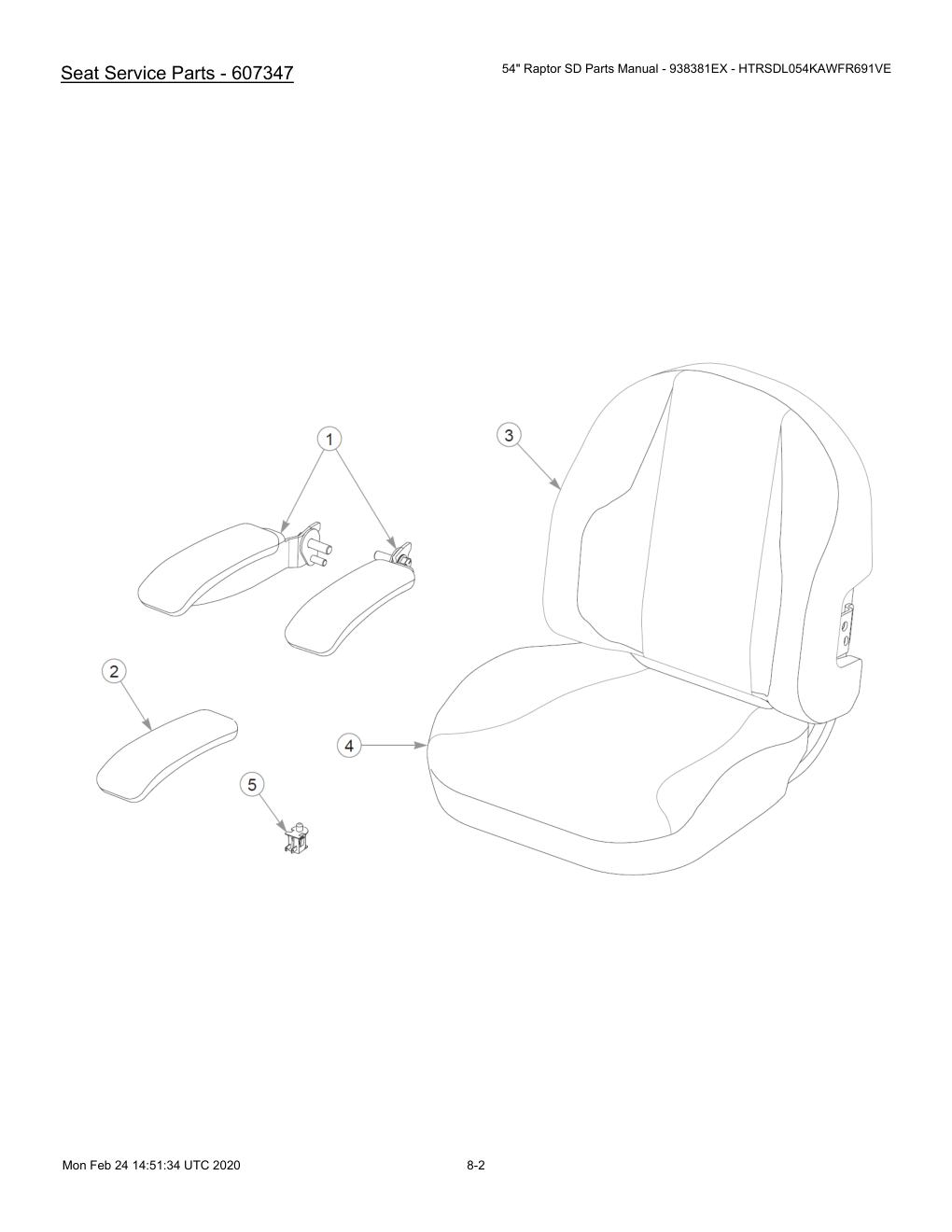 54" Raptor SD Parts Manual - 938381EX - HTRSDL054KAWFR691VE - 604708 - Seat Service Parts - 607347 diagram