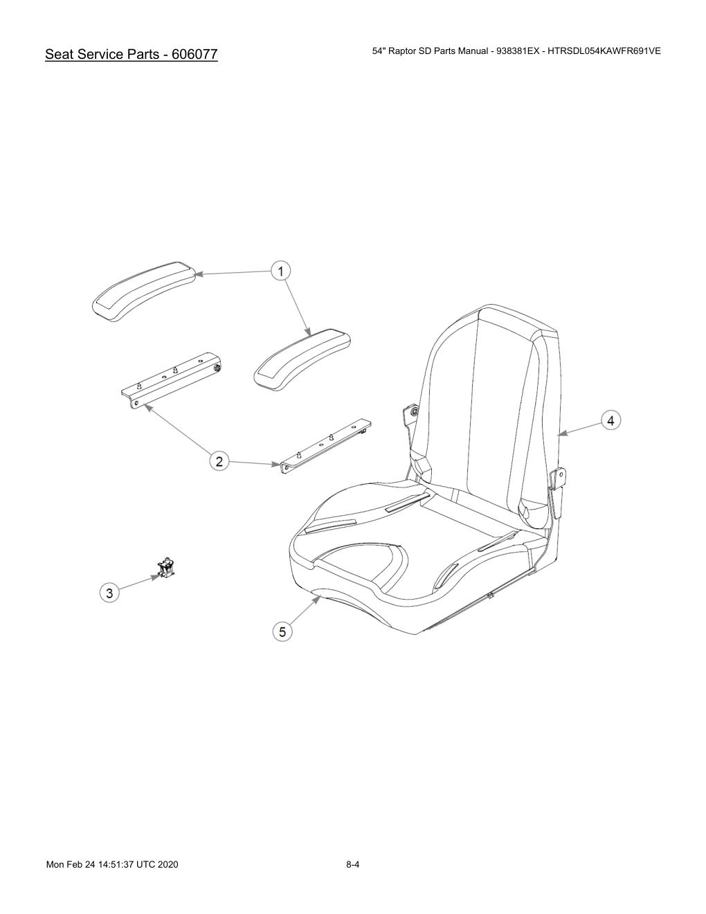 54" Raptor SD Parts Manual - 938381EX - HTRSDL054KAWFR691VE - 604708 - Seat Service Parts - 606077 diagram