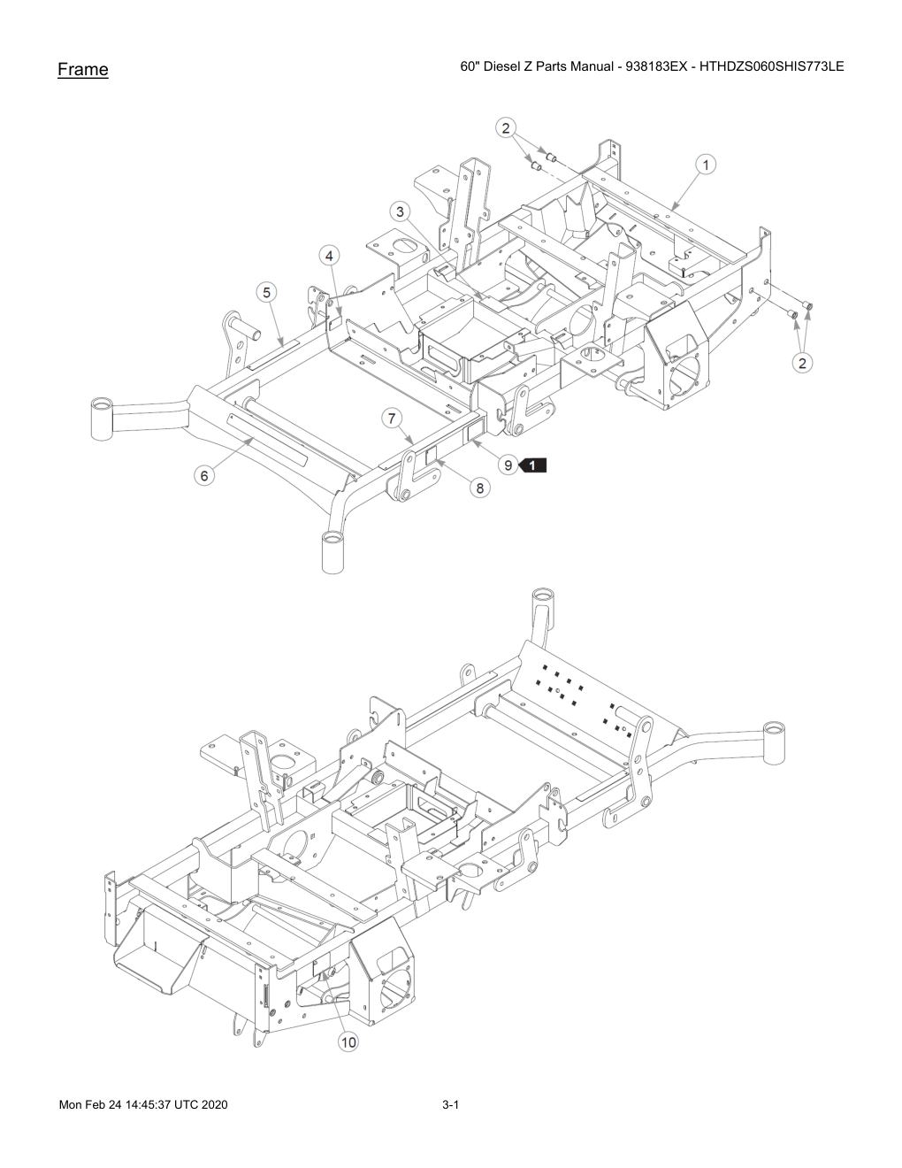 60" Diesel Z Parts Manual - 938183EX - HTHDZS060SHIS773LE - 607407 - Frame diagram