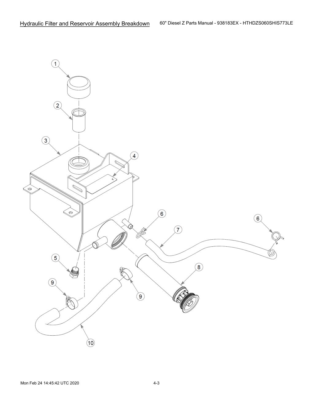60" Diesel Z Parts Manual - 938183EX - HTHDZS060SHIS773LE - 607407 - Hydraulic Filter and Reservoir Assembly Breakdown diagram
