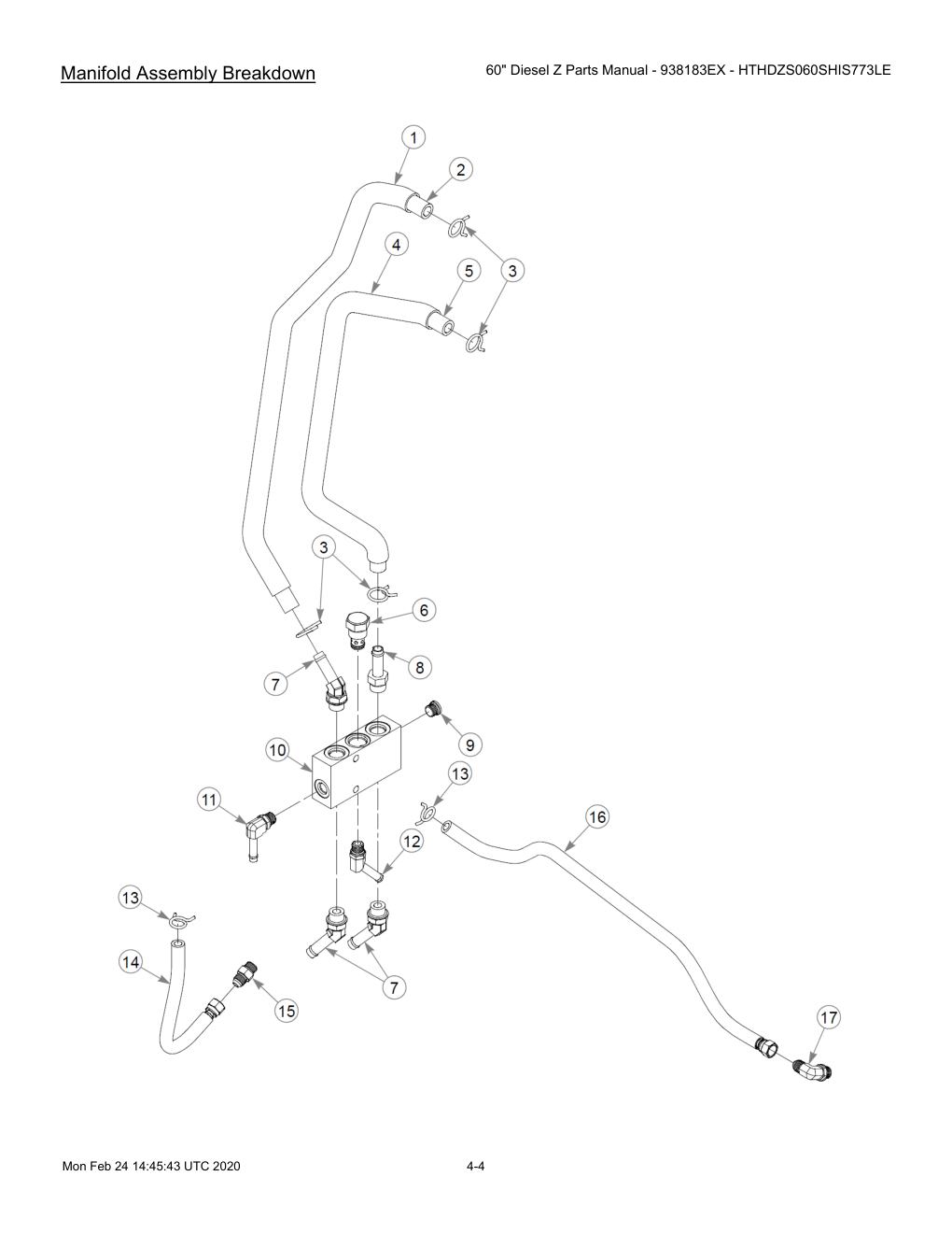 60" Diesel Z Parts Manual - 938183EX - HTHDZS060SHIS773LE - 607407 - Manifold Assembly Breakdown diagram