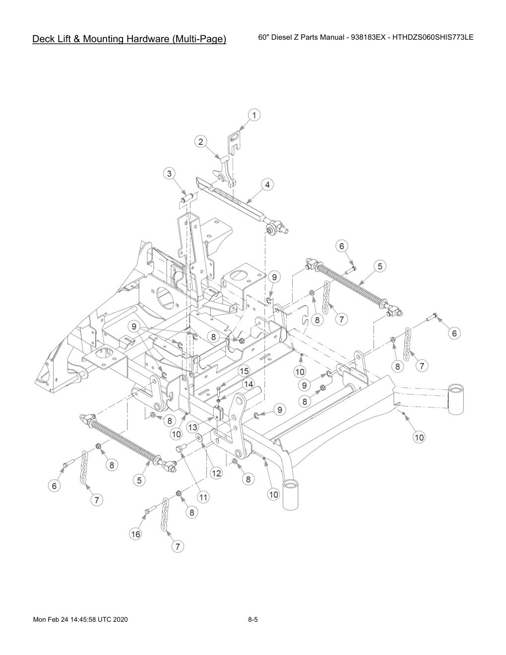 60" Diesel Z Parts Manual - 938183EX - HTHDZS060SHIS773LE - 607407 - Deck Lift & Mounting Hardware (Multi-Page) diagram