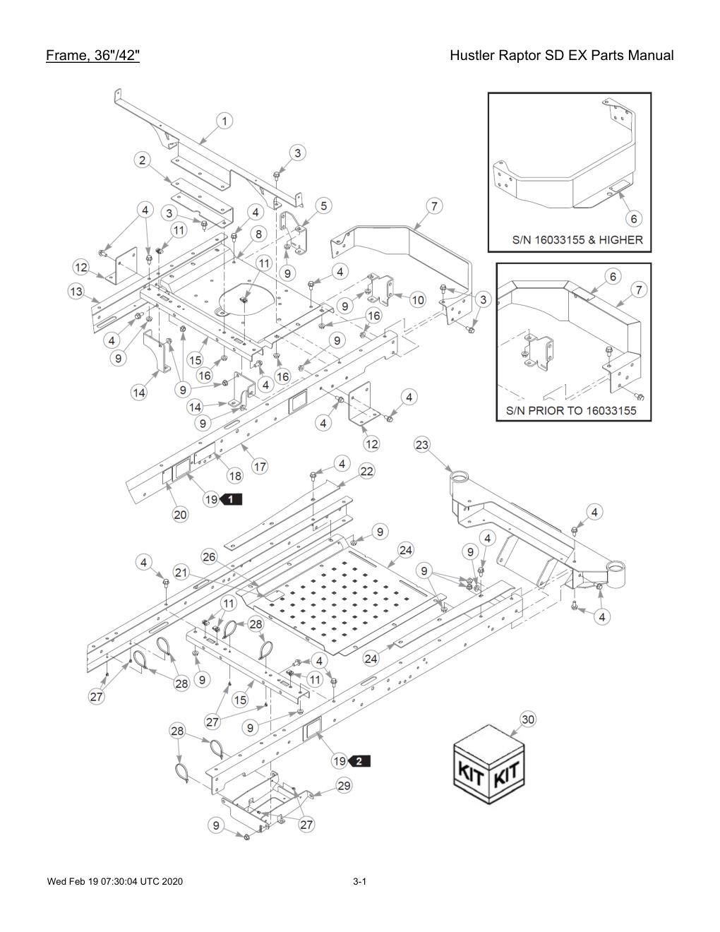 Hustler Raptor SD EX Parts Manual - 604708 - Frame, 36"/42" diagram
