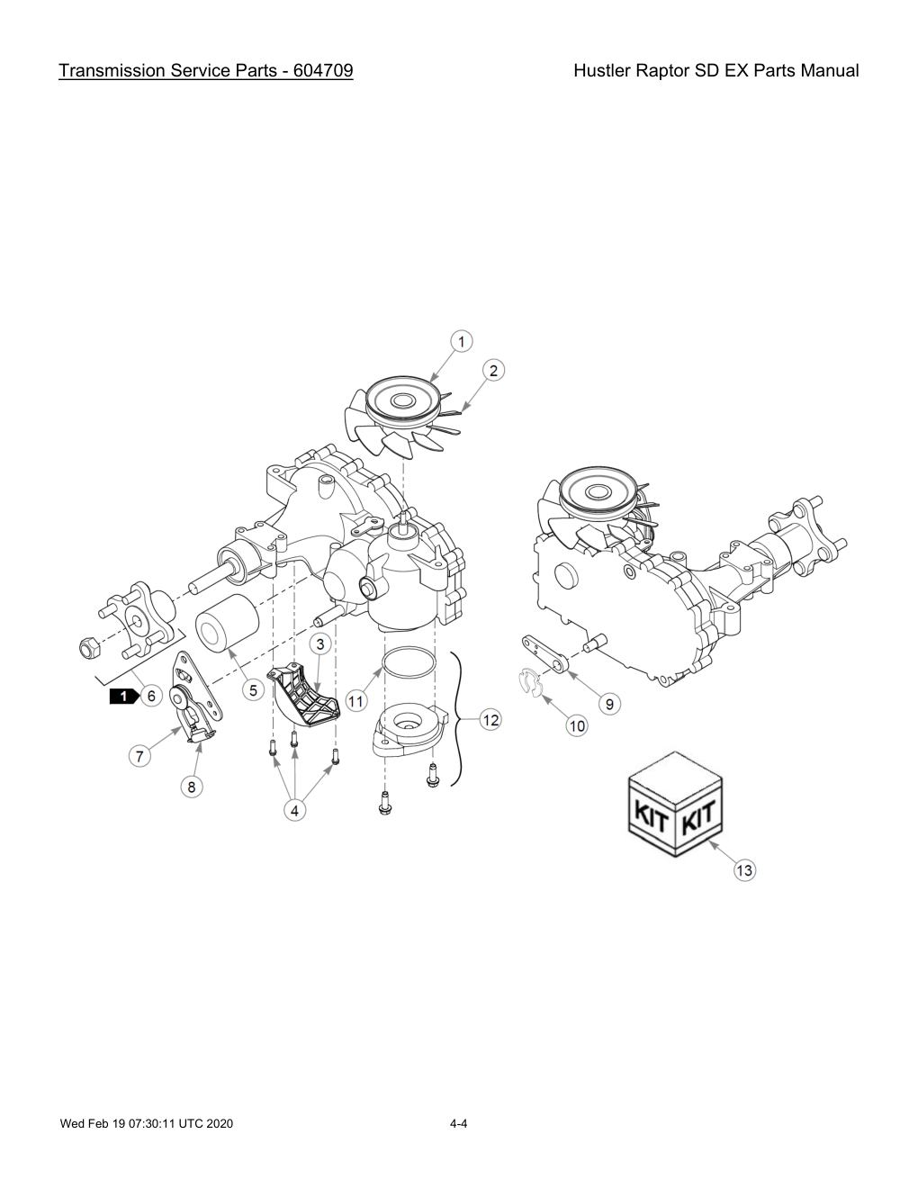 Hustler Raptor SD EX Parts Manual - 604708 - Transmission Service Parts - 604709 diagram