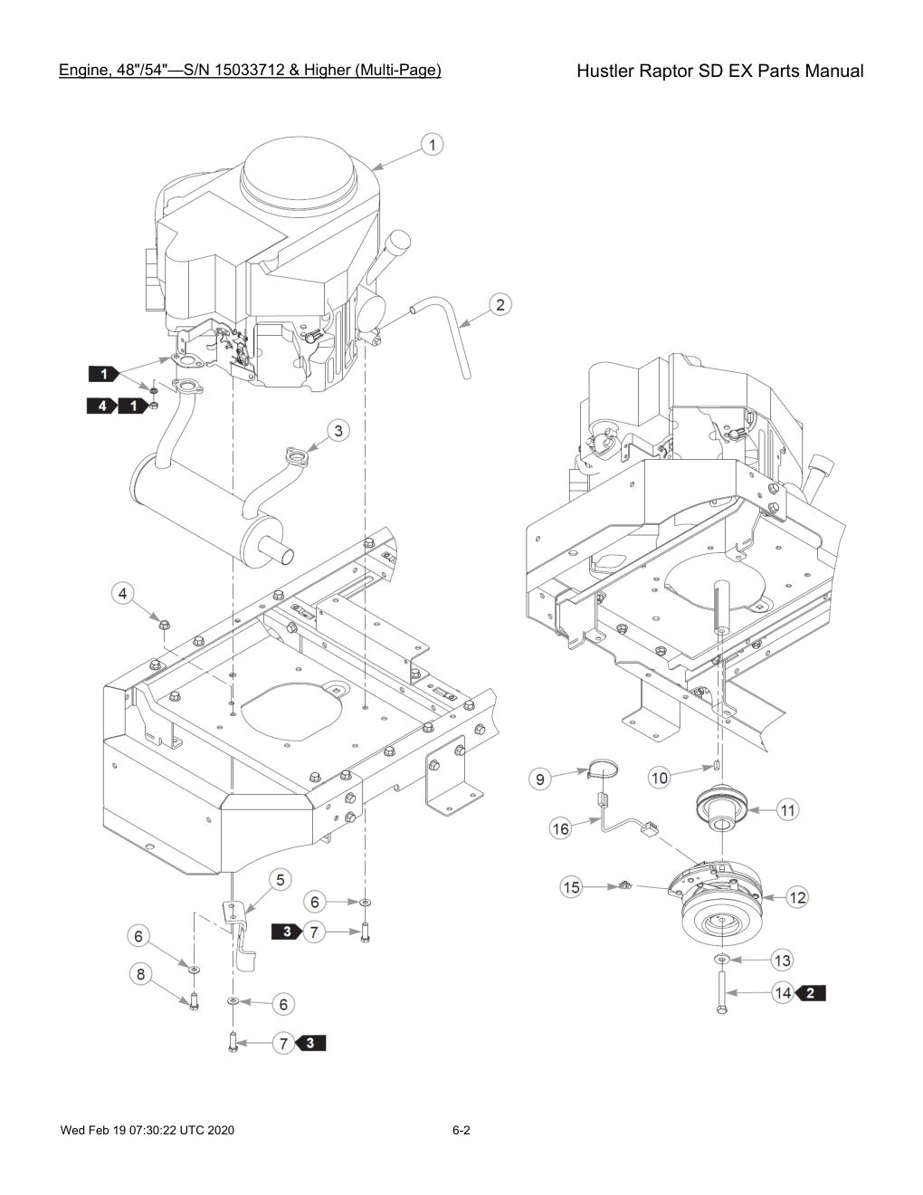 Hustler Raptor SD EX Parts Manual - 604708 - Engine, 48"/54"-S/N 15033712 & Higher (Multi-Page) diagram