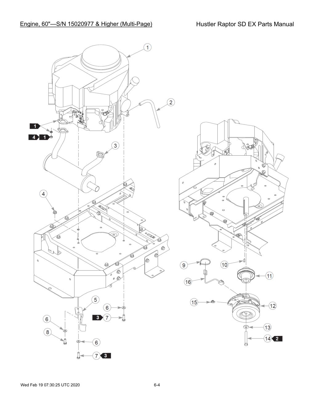 Hustler Raptor SD EX Parts Manual - 604708 - Engine, 60"-S/N 15020977 & Higher (Multi-Page) diagram