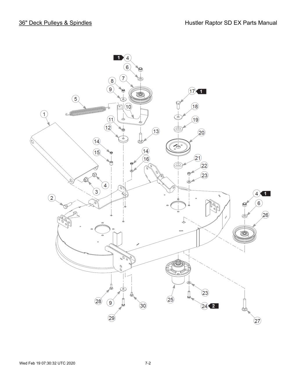 Hustler Raptor SD EX Parts Manual - 604708 - 36" Deck Pulleys & Spindles diagram