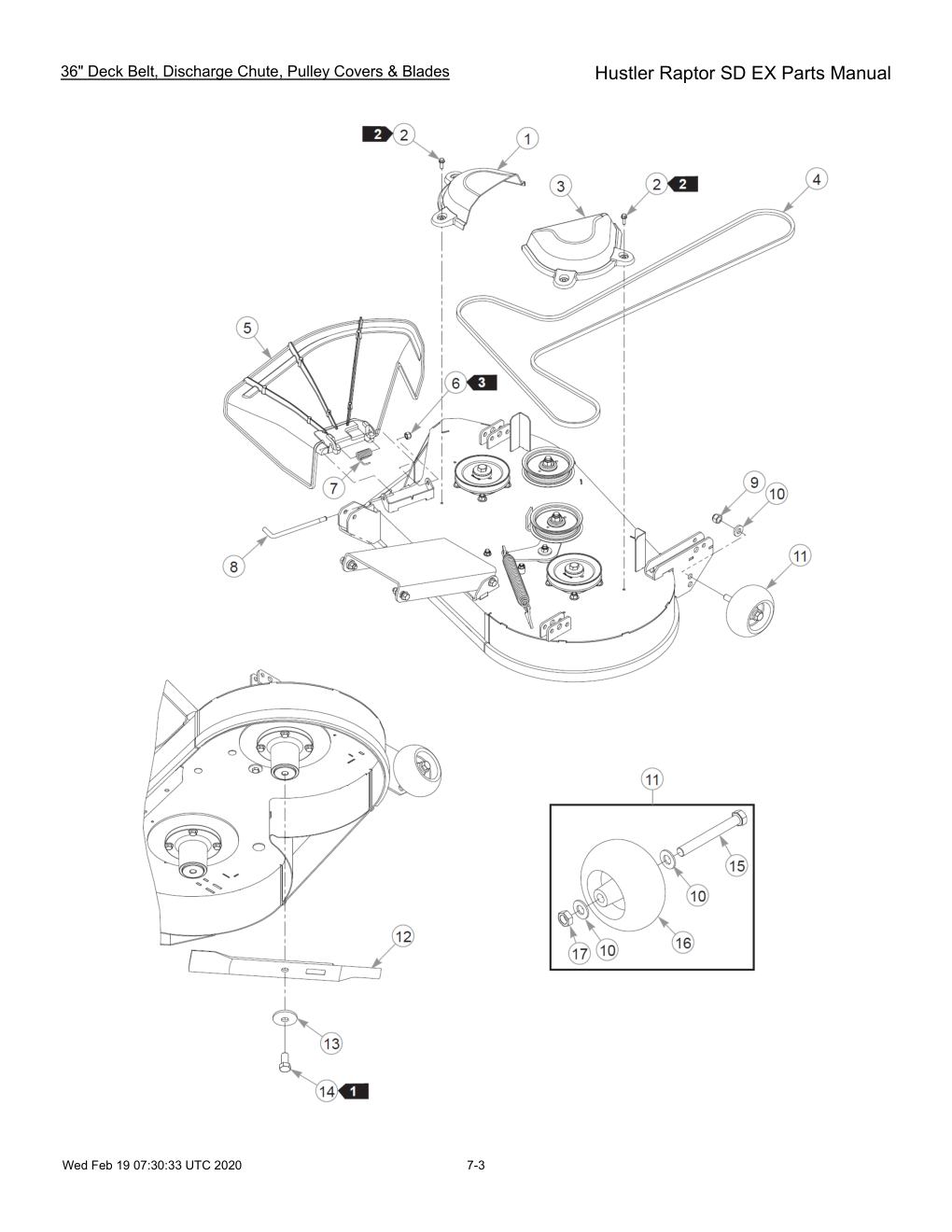 Hustler Raptor SD EX Parts Manual - 604708 - 36" Deck Belt, Discharge Chute, Pulley Covers & Blades diagram
