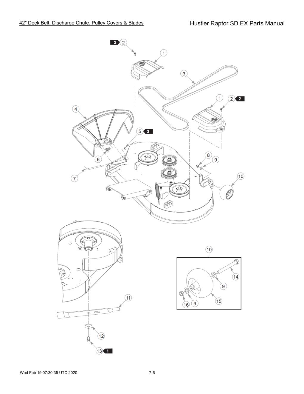 Hustler Raptor SD EX Parts Manual - 604708 - 42" Deck Belt, Discharge Chute, Pulley Covers & Blades diagram