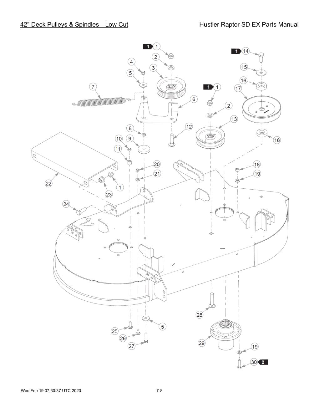 Hustler Raptor SD EX Parts Manual - 604708 - 42" Deck Pulleys & Spindles-Low Cut diagram