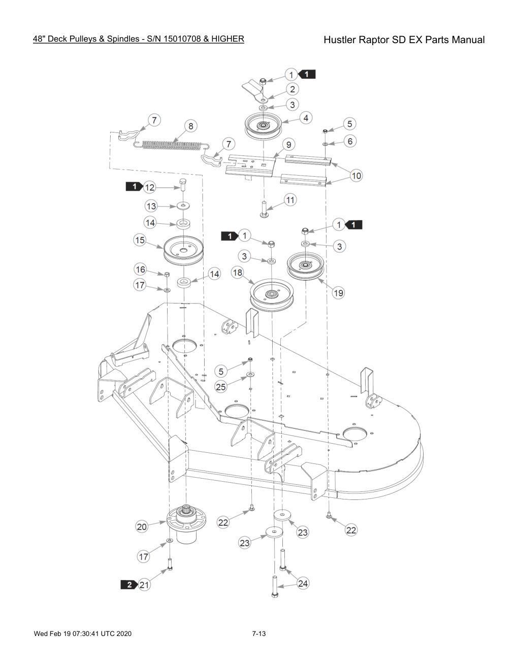 Hustler Raptor SD EX Parts Manual - 604708 - 48" Deck Pulleys & Spindles - S/N 15010708 & HIGHER diagram