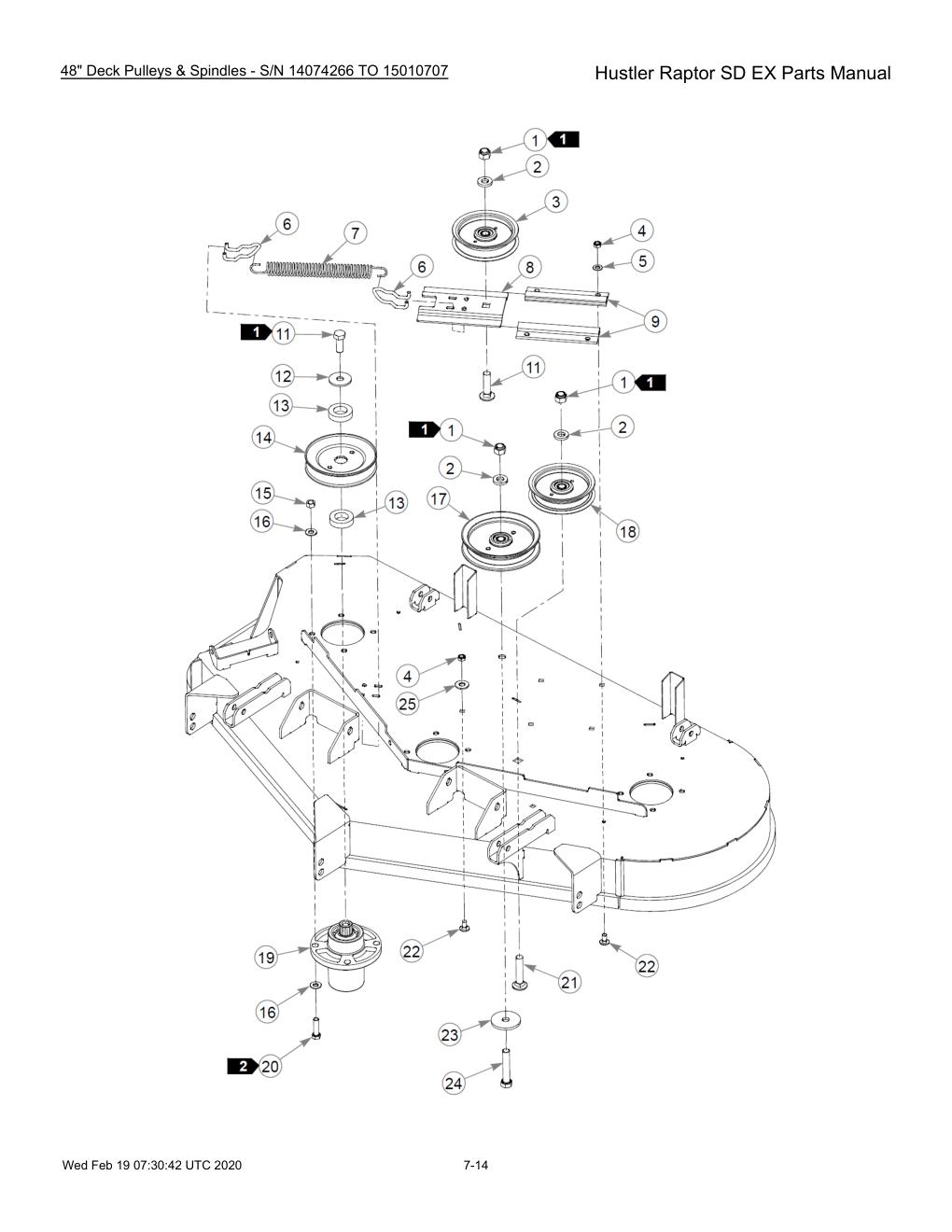 Hustler Raptor SD EX Parts Manual - 604708 - 48" Deck Pulleys & Spindles - S/N 14074266 TO 15010707 diagram