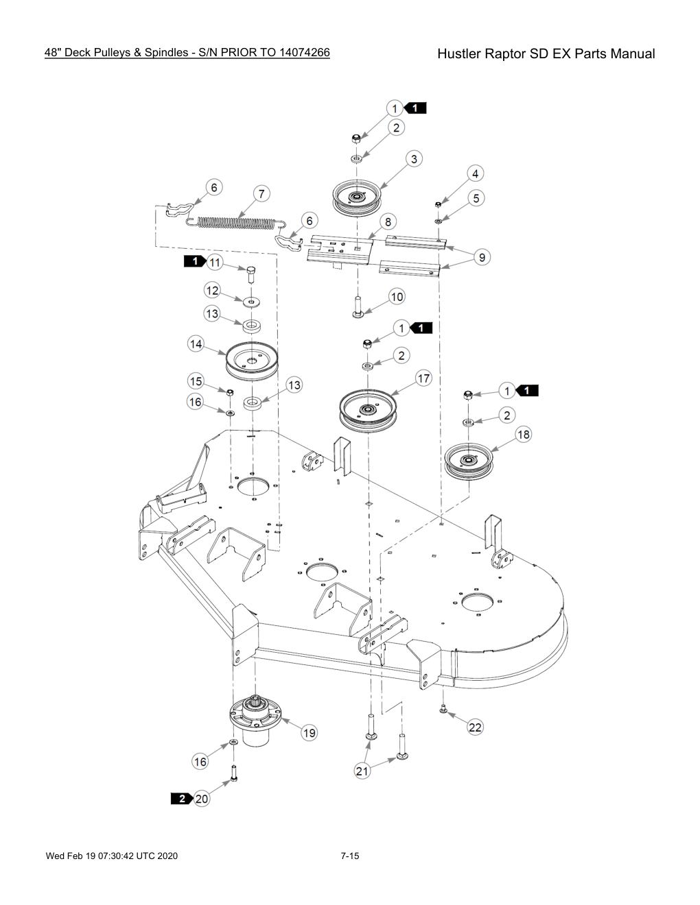 Hustler Raptor SD EX Parts Manual - 604708 - 48" Deck Pulleys & Spindles - S/N PRIOR TO 14074266 diagram