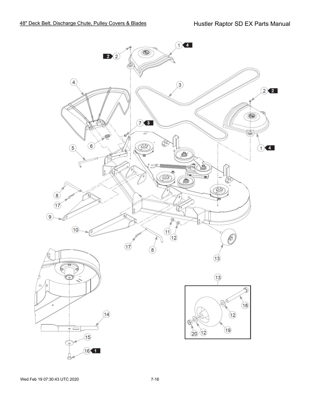 Hustler Raptor SD EX Parts Manual - 604708 - 48" Deck Belt, Discharge Chute, Pulley Covers & Blades diagram