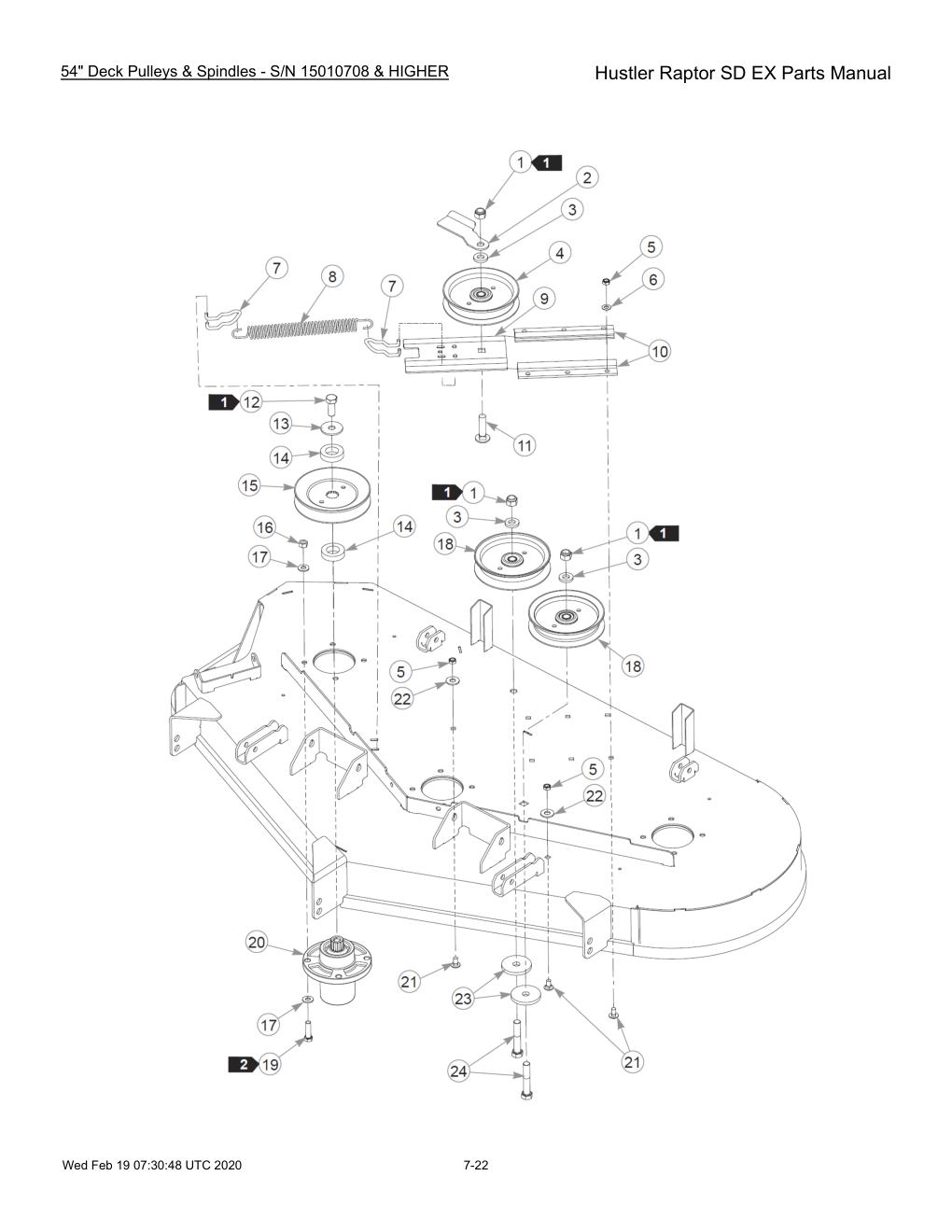 Hustler Raptor SD EX Parts Manual - 604708 - 54" Deck Pulleys & Spindles - S/N 15010708 & HIGHER diagram