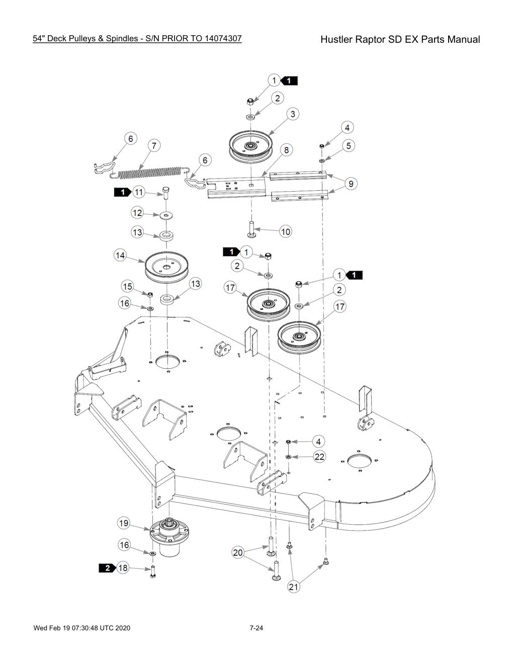 Hustler Raptor SD EX Parts Manual - 604708 - 54" Deck Pulleys & Spindles - S/N PRIOR TO 14074307 diagram