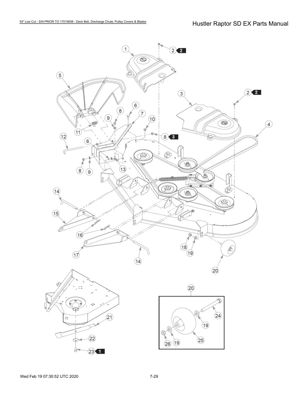 Hustler Raptor SD EX Parts Manual - 604708 - 54" Low Cut - S/N PRIOR TO 17019008 - Deck Belt, Discharge Chute, Pulley Covers & Blades diagram
