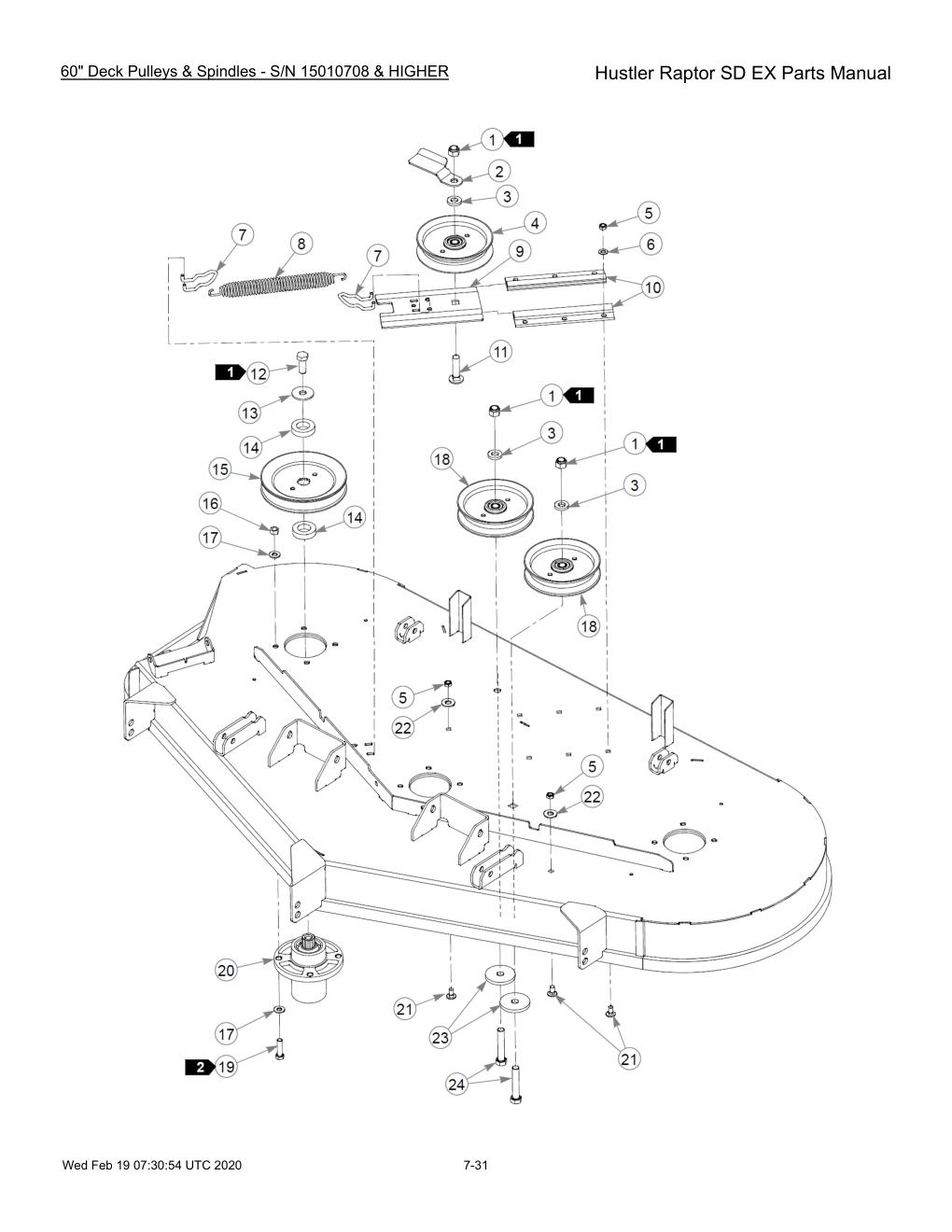Hustler Raptor SD EX Parts Manual - 604708 - 60" Deck Pulleys & Spindles - S/N 15010708 & HIGHER diagram