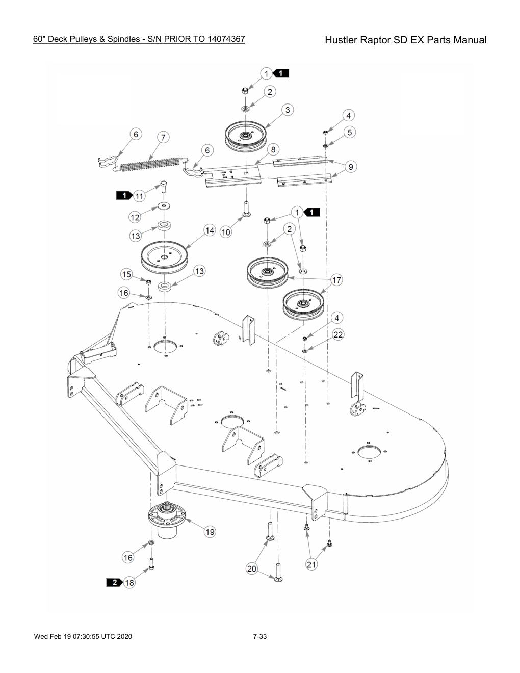Hustler Raptor SD EX Parts Manual - 604708 - 60" Deck Pulleys & Spindles - S/N PRIOR TO 14074367 diagram