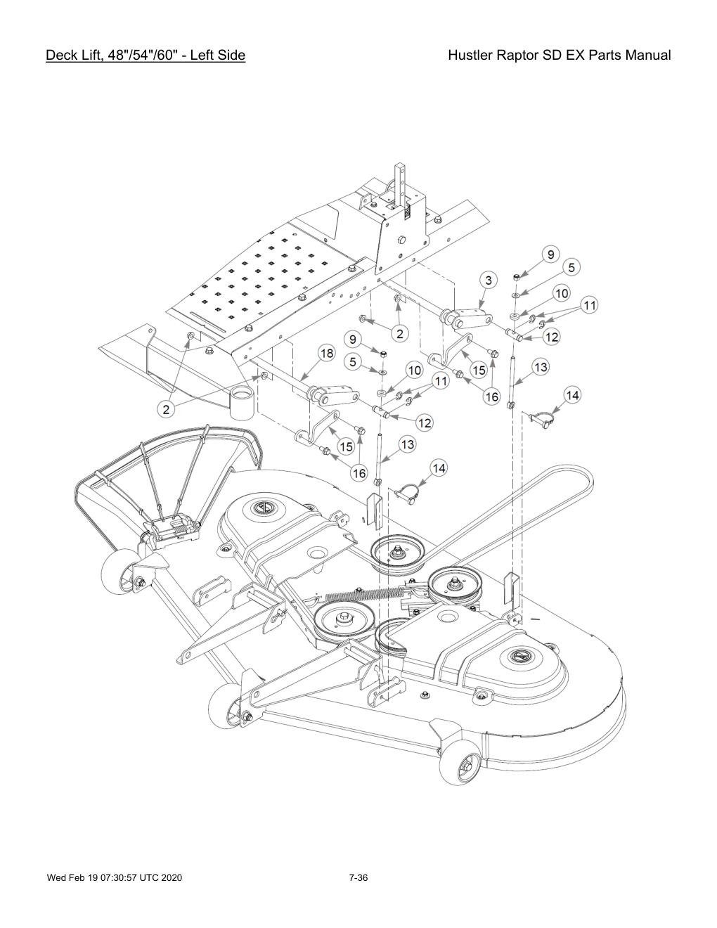 Hustler Raptor SD EX Parts Manual - 604708 - Deck Lift, 48"/54"/60" - Left Side diagram