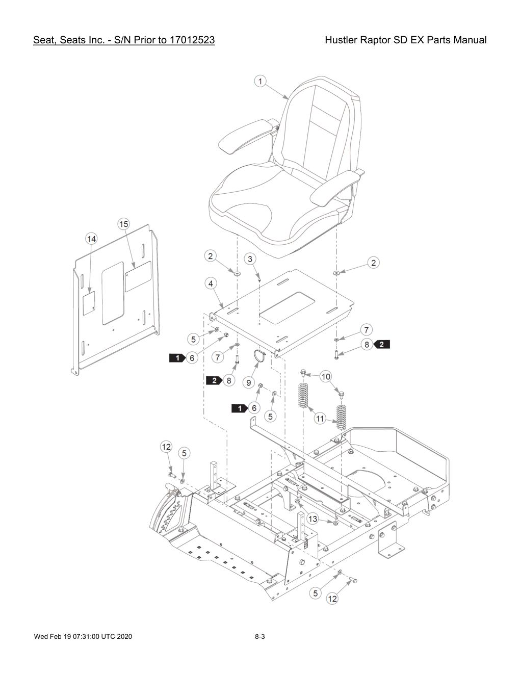 Hustler Raptor SD EX Parts Manual - 604708 - Seat, Seats Inc. - S/N Prior to 17012523 diagram