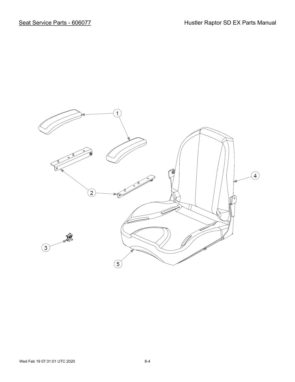 Hustler Raptor SD EX Parts Manual - 604708 - Seat Service Parts - 606077 diagram