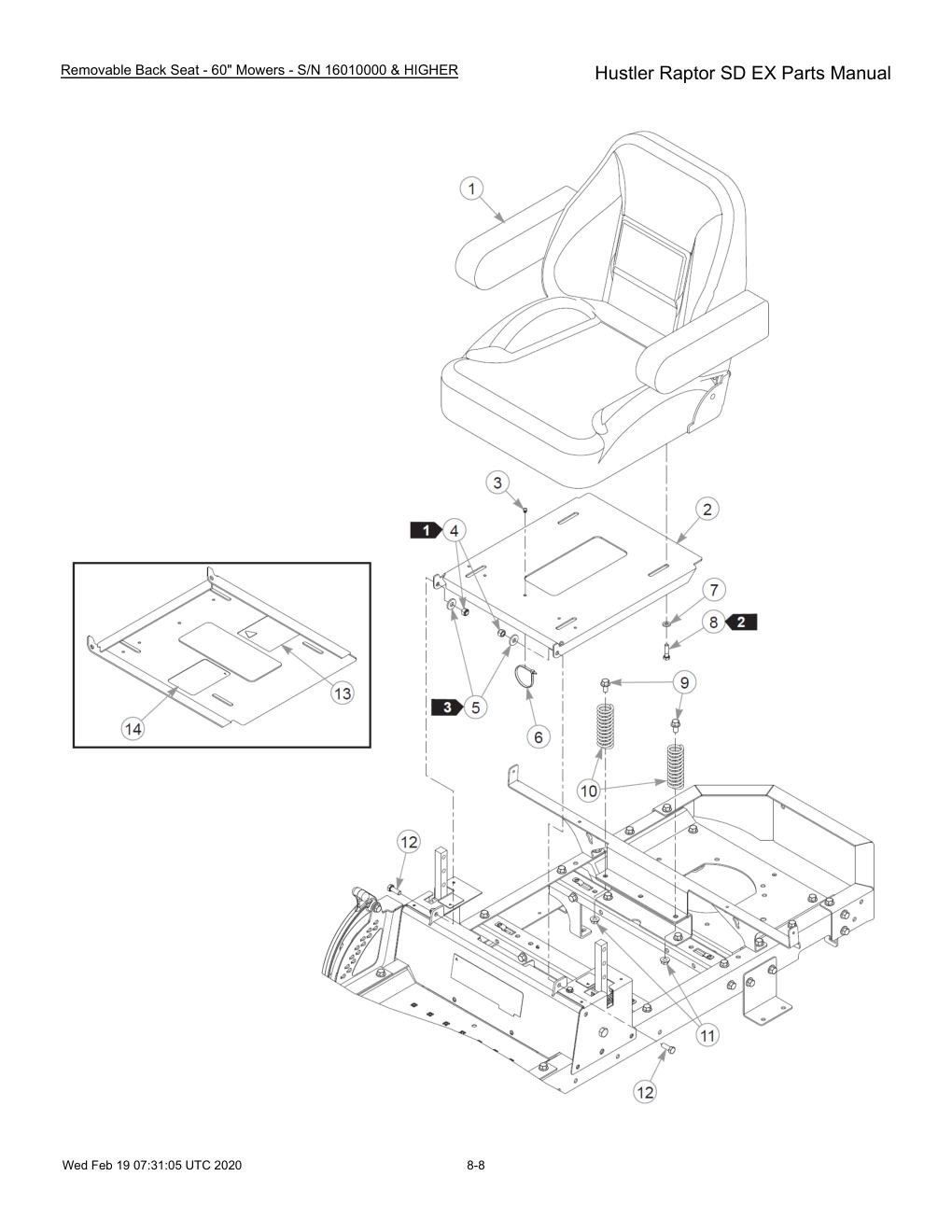 Hustler Raptor SD EX Parts Manual - 604708 - Removable Back Seat - 60" Mowers - S/N 16010000 & HIGHER diagram
