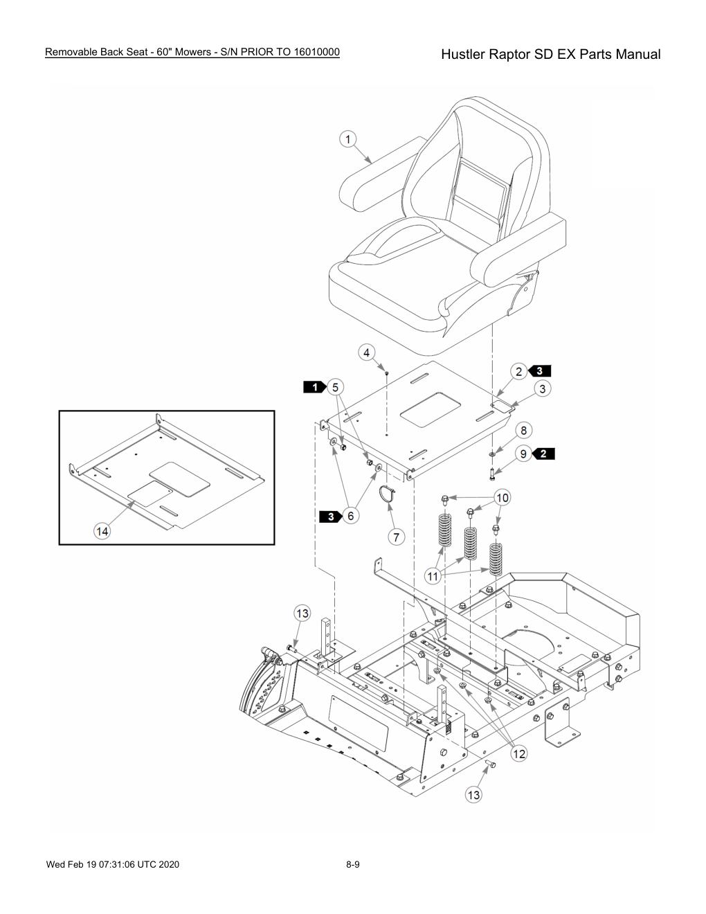 Hustler Raptor SD EX Parts Manual - 604708 - Removable Back Seat - 60" Mowers - S/N PRIOR TO 16010000 diagram