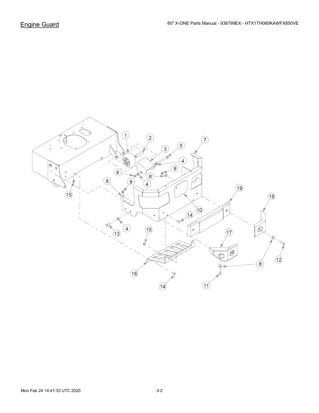 60" X-ONE Parts Manual - 936799EX - HTX1TH060KAWFX850VE - 607407 - Engine Guard diagram