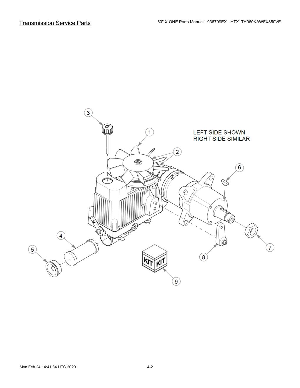 60" X-ONE Parts Manual - 936799EX - HTX1TH060KAWFX850VE - 607407 - Transmission Service Parts diagram