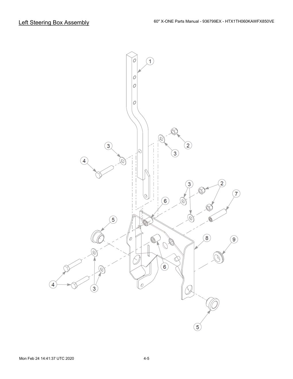 60" X-ONE Parts Manual - 936799EX - HTX1TH060KAWFX850VE - 607407 - Left Steering Box Assembly diagram