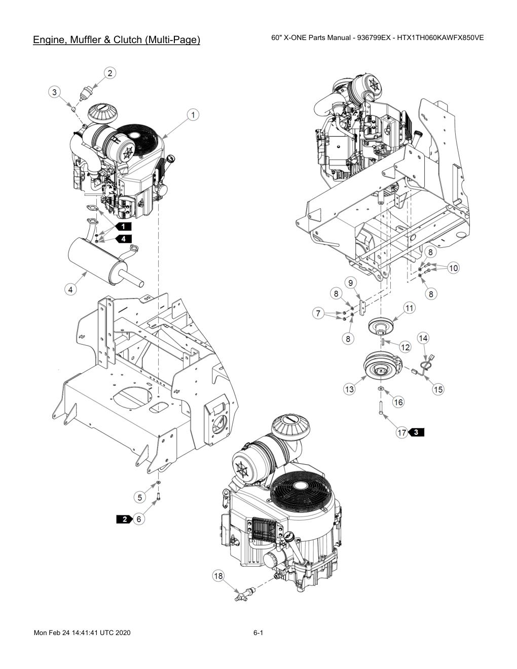 60" X-ONE Parts Manual - 936799EX - HTX1TH060KAWFX850VE - 607407 - Engine, Muffler & Clutch (Multi-Page) diagram