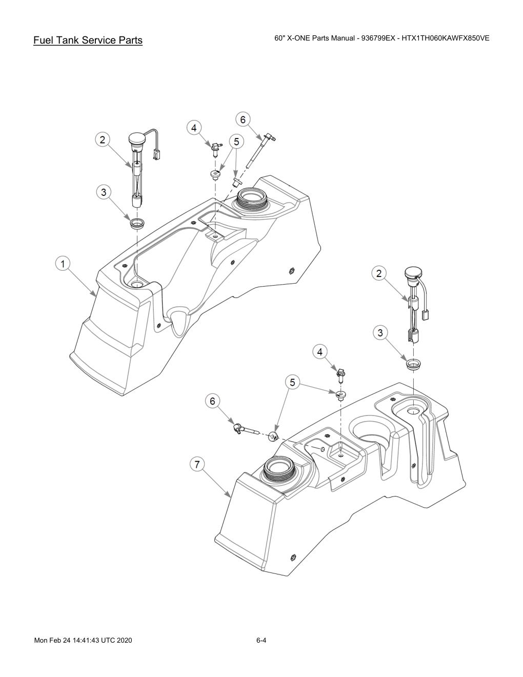 60" X-ONE Parts Manual - 936799EX - HTX1TH060KAWFX850VE - 607407 - Fuel Tank Service Parts diagram