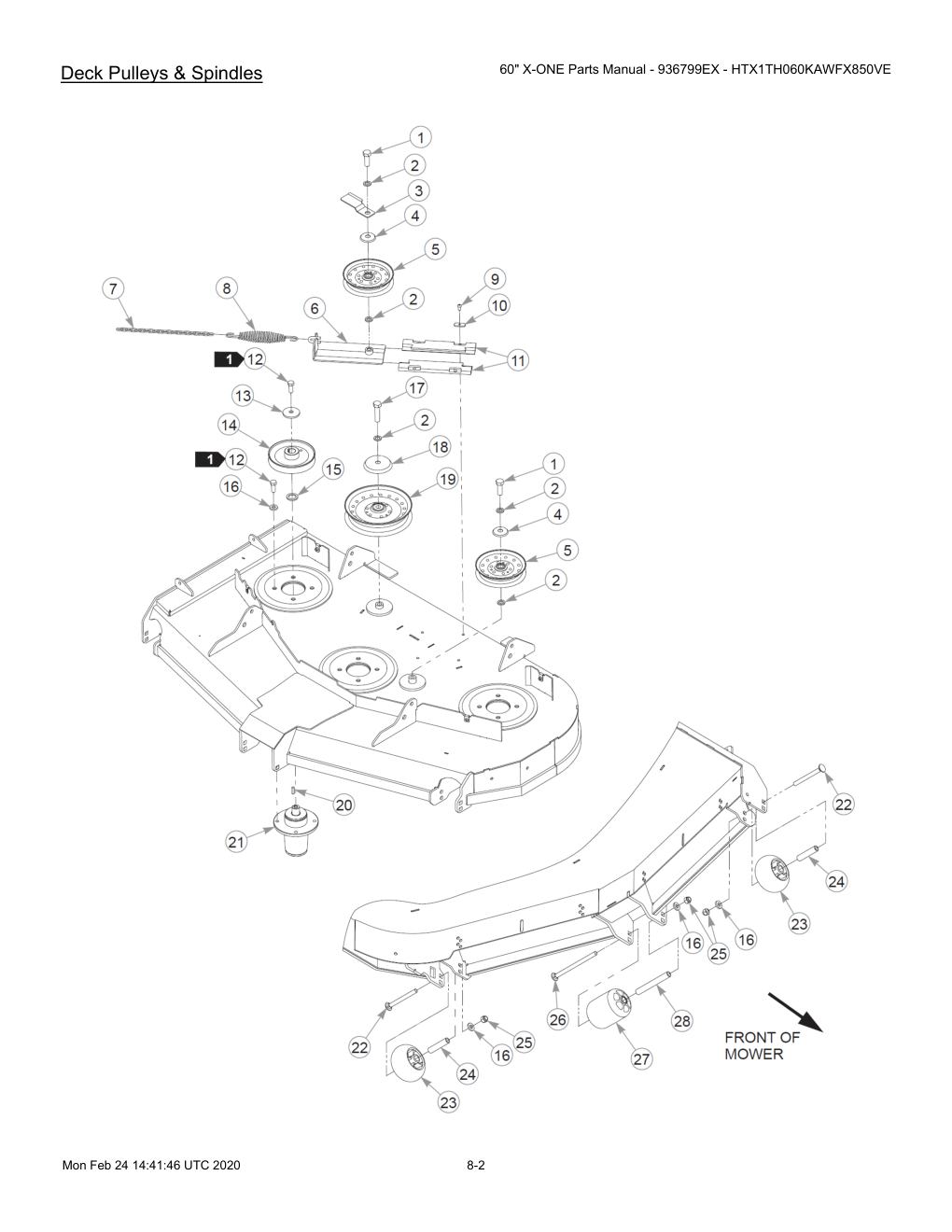 60" X-ONE Parts Manual - 936799EX - HTX1TH060KAWFX850VE - 607407 - Deck Pulleys & Spindles diagram
