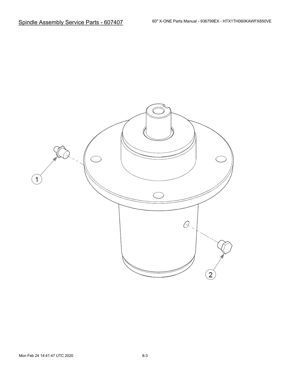 60" X-ONE Parts Manual - 936799EX - HTX1TH060KAWFX850VE - 607407 - Spindle Assembly Service Parts - 607407 diagram