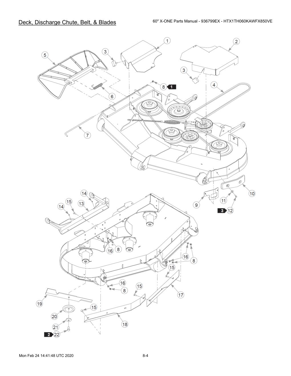 60" X-ONE Parts Manual - 936799EX - HTX1TH060KAWFX850VE - 607407 - Deck, Discharge Chute, Belt, & Blades diagram